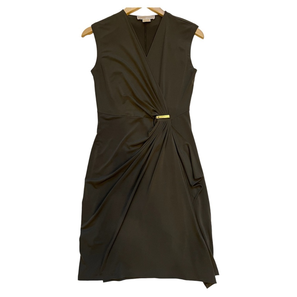 MICHAEL KORS dress faux wrap green drape vneck stretch Petite sleeveless
